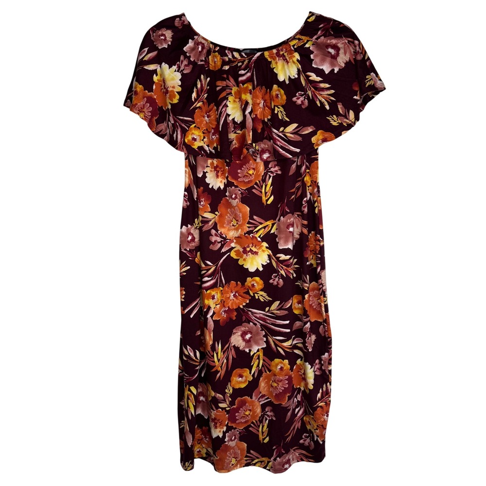 Mother Bee Maternity Sz M Burgundy Floral Off Shoulder Flutter Sleeve Mini Dress